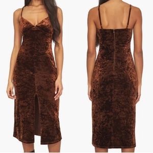 WEWOREWHAT Brown Crushed Velvet Front Slit Fitted Slip Dress Size L